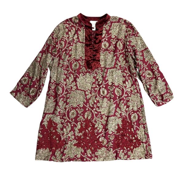 Soft Surroundings Wine Floral Paisley Velvet Embroidered Boho LS Tunic Top Sz L - Picture 2 of 13